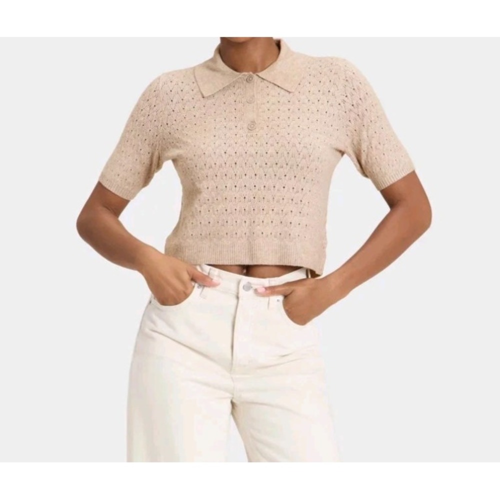 Women's Short Sleeve Collared Neck Pullover Sweater - Universal Thread Tan XS